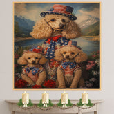 Poodle Dog Family in Patriotic American Flag Outfits and Hats by River and Mountains for Fourth of July Celebration on Ready to Hang 1.5" Thick Canvas Wrap, Floating Framed Canvas, Flat Rolled Canvas